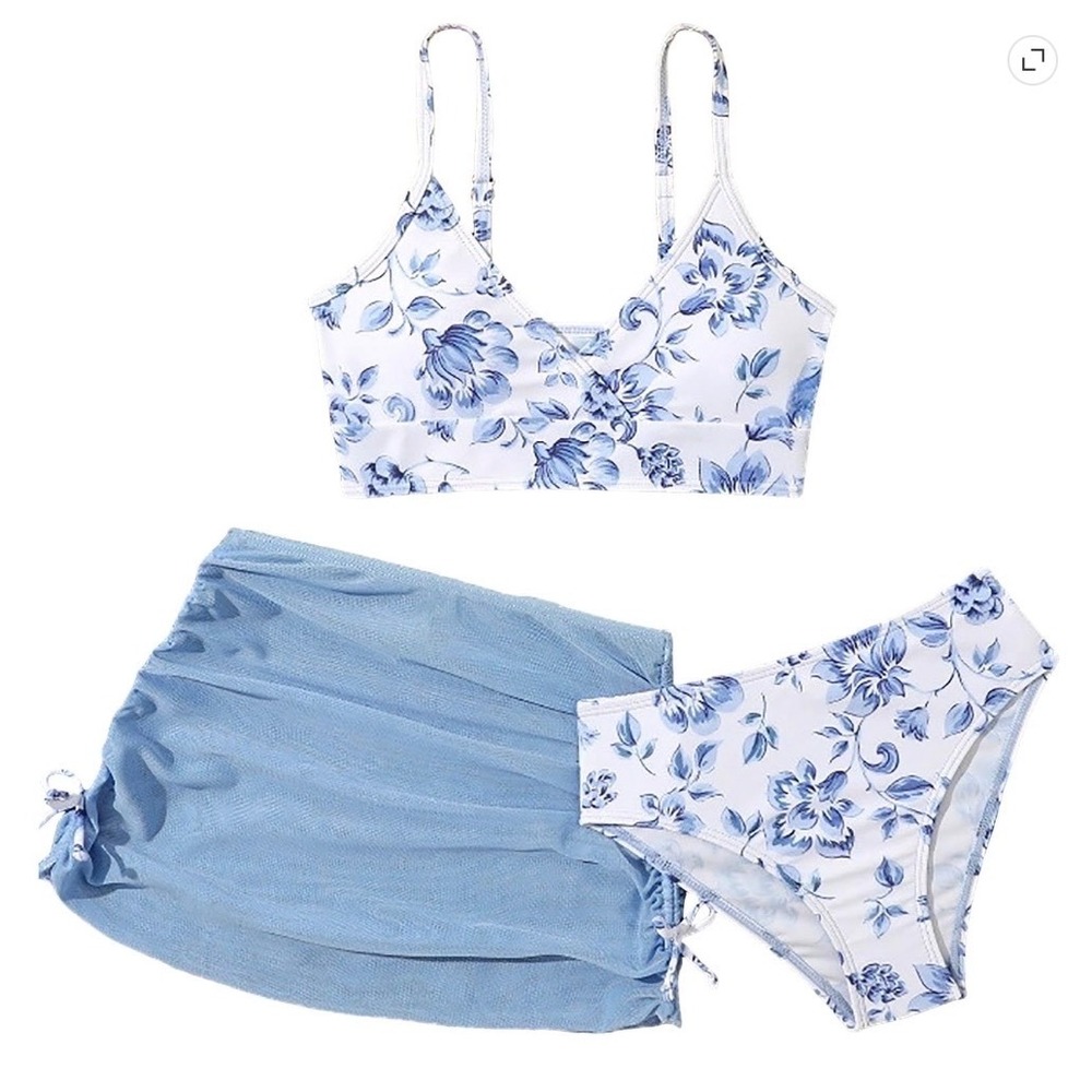 Girls Blue Floral 3 Piece Swimsuit Set Bikini with Mesh Sarong Skirt Size 8Y